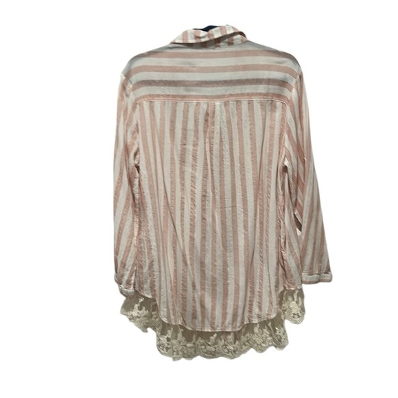 Umgee powder pink and white stripe long sleeve button down lace trim M - Picture 2 of 9
